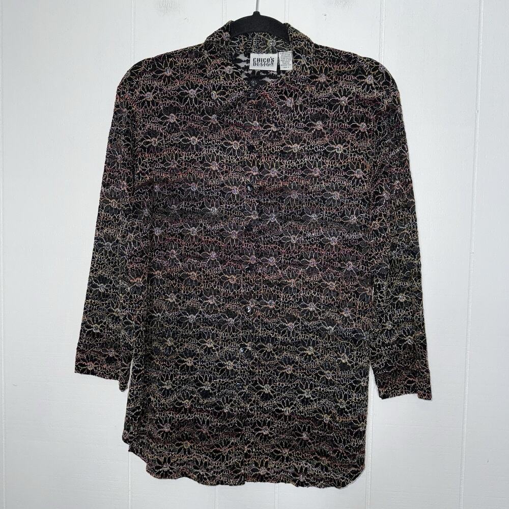 Chico’s Design Women’s Floral Mesh Top Multicolor Black Size 2 Large